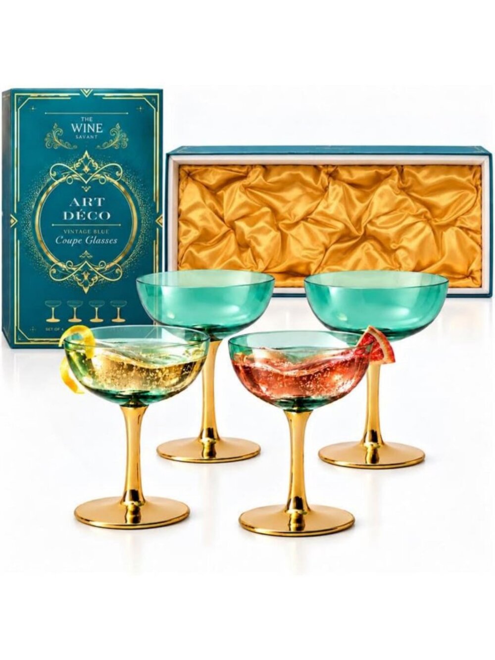 Vintage Art Deco Colored Cocktail Glasses Set of 4 | 12 oz Crystal Goblets